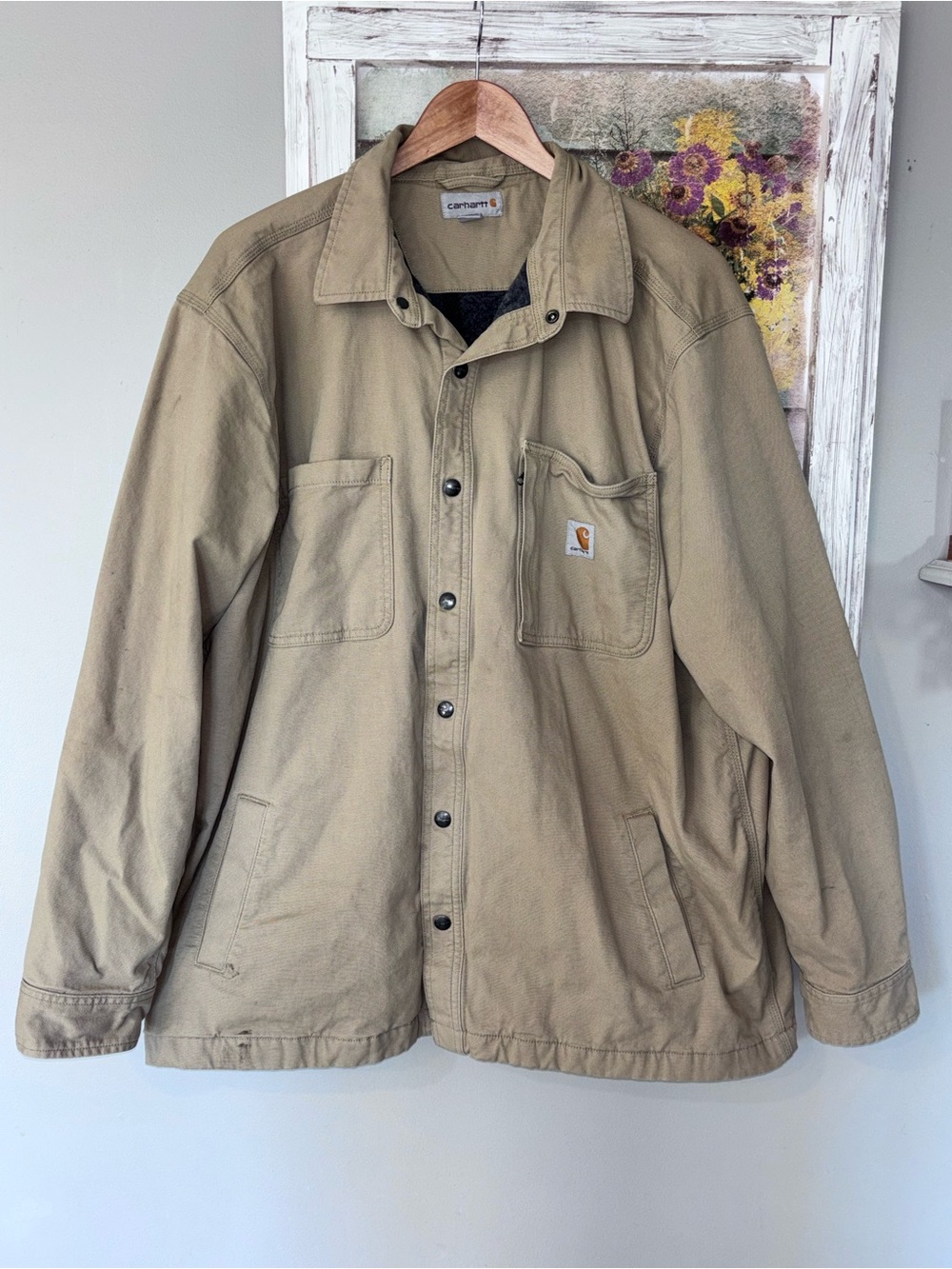 Carhartt Rugged Flex Fleece Lined Shirt Jacket Khaki Workwear Snap XL Zip Pocket